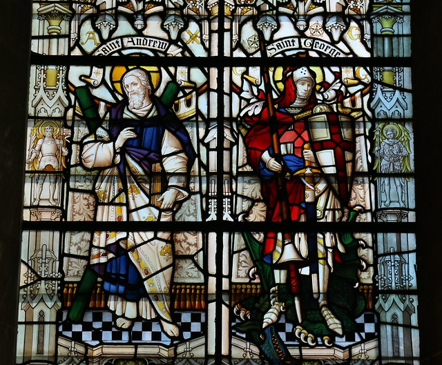 14th May 2016. Andrew and George, Stained Glass in Salisbury Cathedral, Wiltshire.