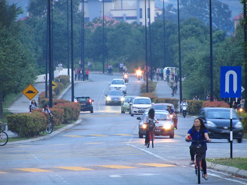 life street trees people signs cars lines bicycle campus lights cycling evening streetlight university cyclist view traffic vehicles busy human queue commute malaysia arrows roads uphill beings humans distant lanes perak bustling kampar utar thienzieyung universititunkuabdulrahman