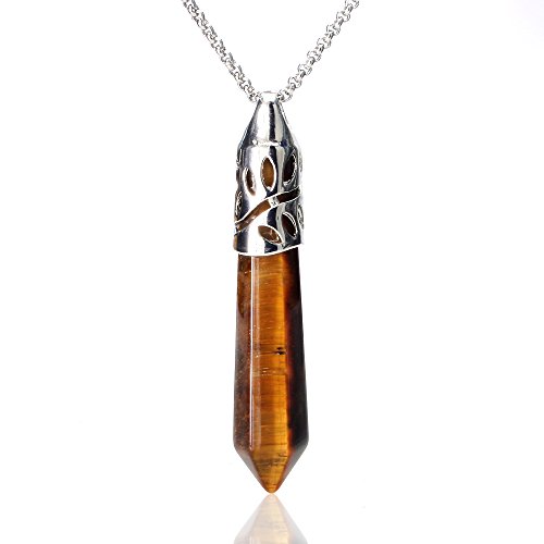 Natural Hexagonal Pile Gemstone Crystal Pendant Necklace, Stainless Steel Chain, Unisex, Power Healing Chakra (#05. Yellow Tiger Eye) Reviews