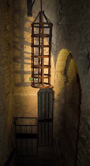 A hanging prisoner cage in the dungeons of the fortress of SanLeo, Italy. Note the iron neck collar.