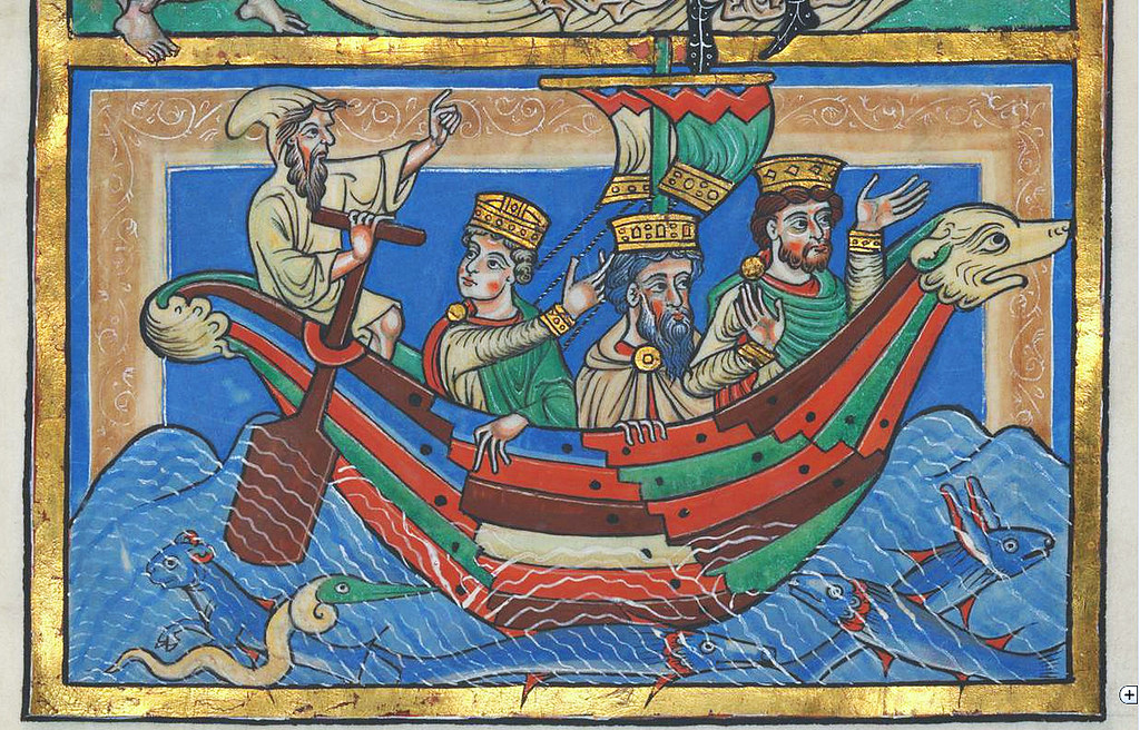 The three Magi returning in their home countries by boat in order to avoid an encounter with king Herod