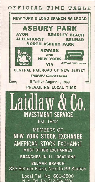 New York & Long Branch Railroad (CNJ/PC) Asbury Park (and other cities) pocket timetable (TDI) - August 1, 1969