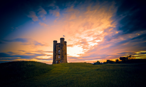 Morning Delight by spiderstreaky, blue light red summer sky orange sun abstract building green tower castle english nature beautiful b