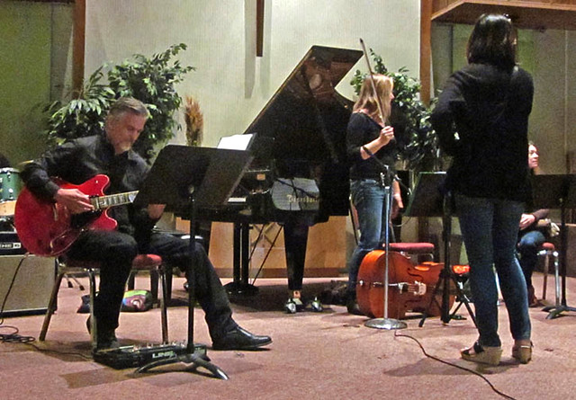Ross's ROCK MASS - Scott SPINDEL, lead guitar, Laura MIHALKA, cello, Mariana SMITH (partially seen far right), flute.