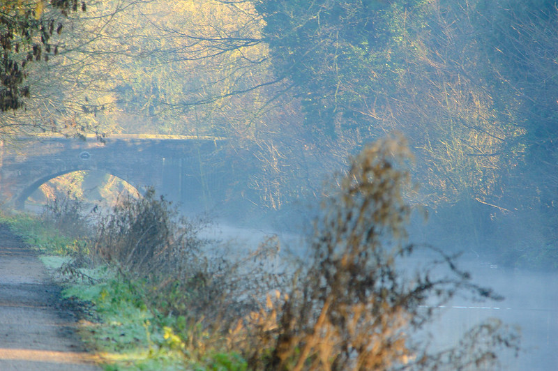 View towards the water bridge, sunny, misty, frosty morning