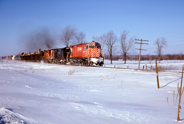 CPR Canadian Pacific C424 #4242 EB approaching Smith Falls 1-31-75