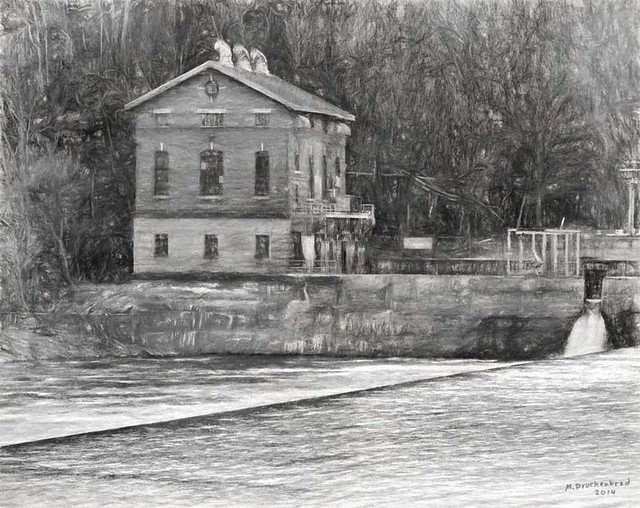 Digital pencil drawing of Two Locks Dam5 and the power plant near Williamsport Maryland