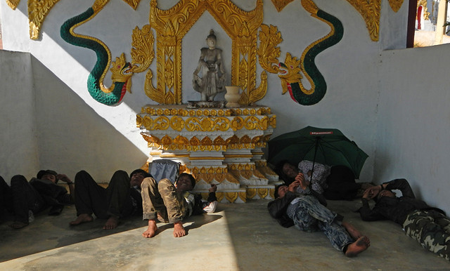 Boys Resting in the Shade in the Temple up on the Hill Above Inle Lake