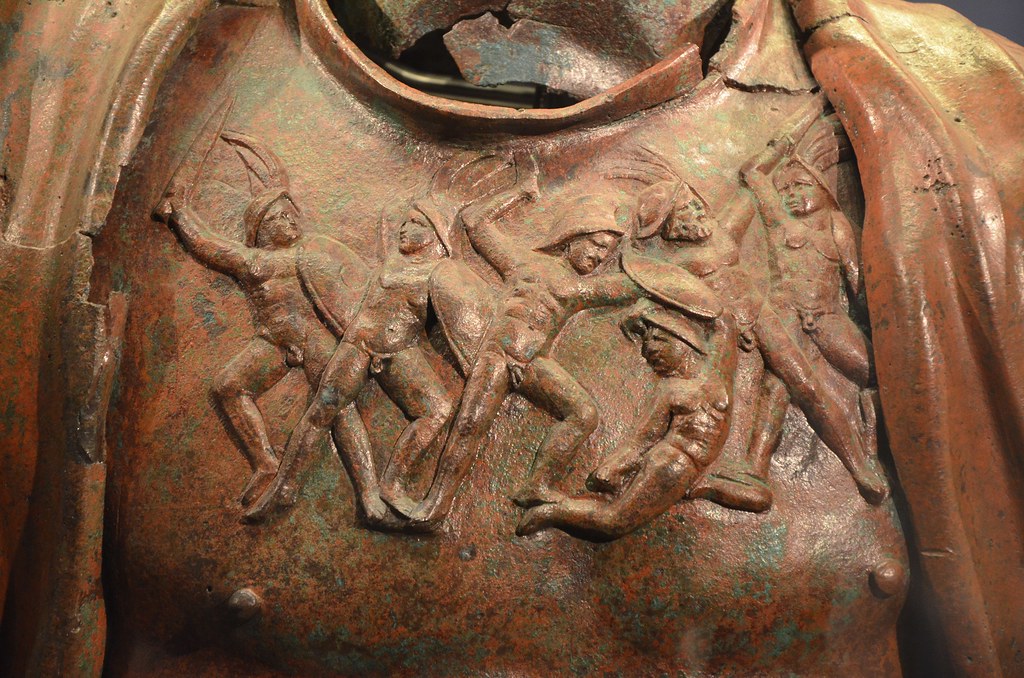 Bronze statue of Hadrian, found at the Camp of the Sixth Roman Legion in Tel Shalem, detail of breastplate depicting a mythological battle, 117–138 AD, Israel Museum, Jerusalem
