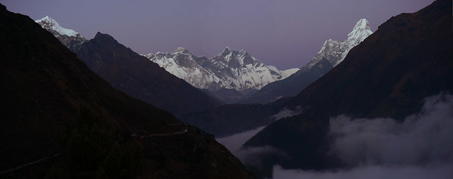 Nuptse, Everest, Lhotse at dusk