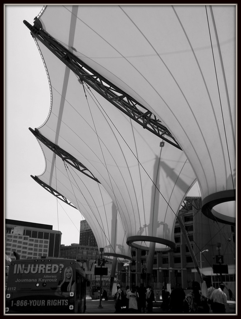 Rosa Parks Transit Center: Canopy and Funnels (Black and White)--Detroit MI