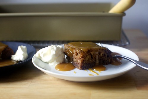 date cake, toffee sauce, tuft of cream | by smitten kitchen