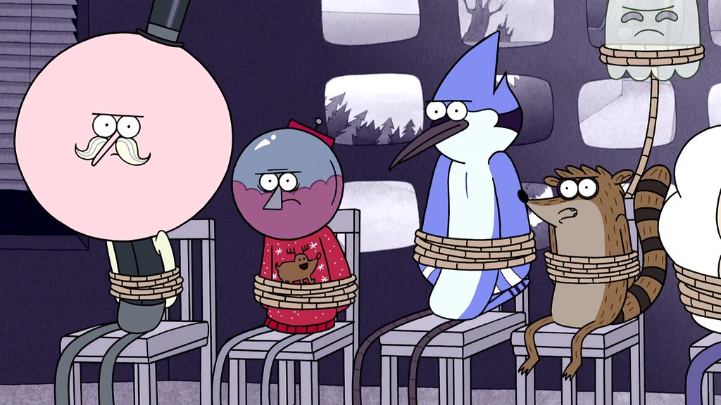 Mordecai, Rigby, Benson, Pops, Skips, Muscle Man, and High Five Ghost are t...