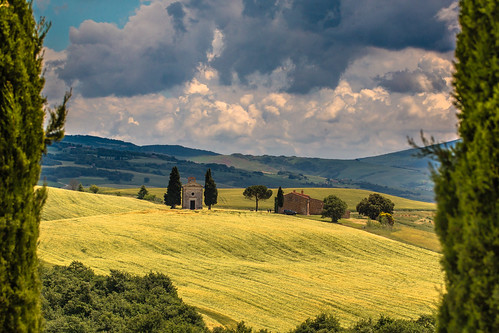 italy church clouds landscape chapel tuscany cypress vitaleta