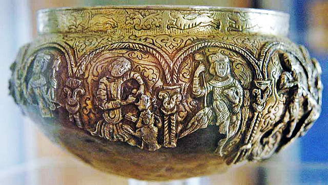 Byzantine silver bowl with Alexander's Ascension and Samson & the lion