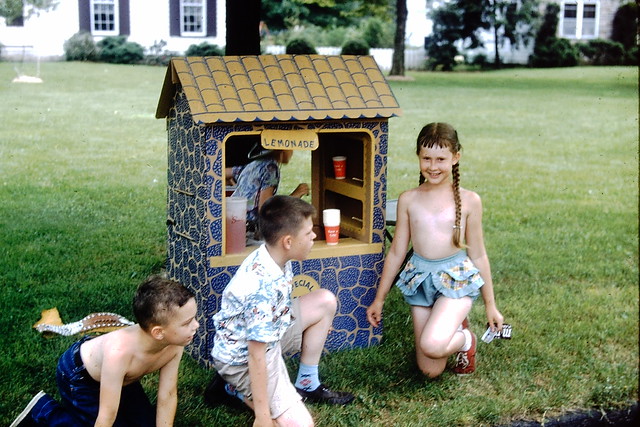 Lemonade stand in front of our house, 1956