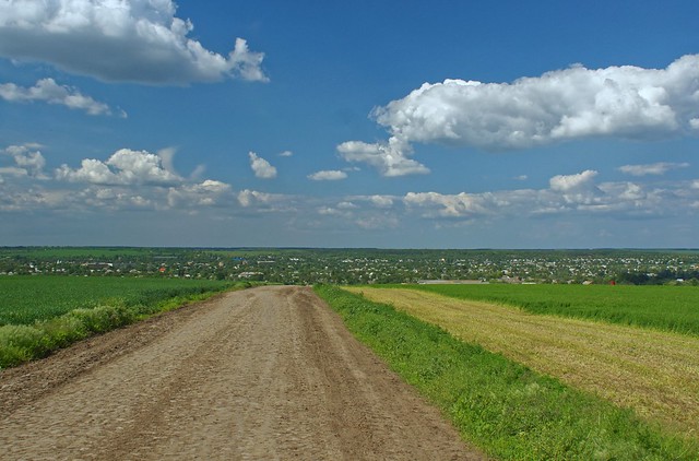 Ukraine, an old paved road, summer, field, grass, sky.