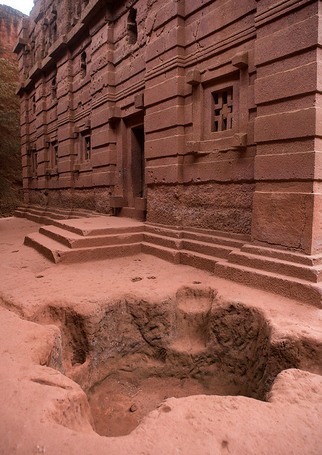 Monolithic rock-cut church pool for celebrations, Amhara region, Lalibela, Ethiopia