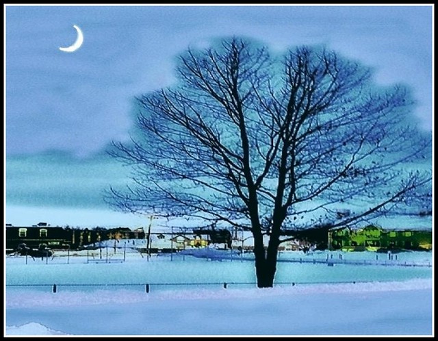 Winter Dusk With Quarter Moon & Golden House At A Distance - Photo by STEVEN CHATEAUNEUF - March 8, 2013 - This Photo Was Edited On May 5, 2013 And May 15, 2013 And Also On Nov 16, 2014