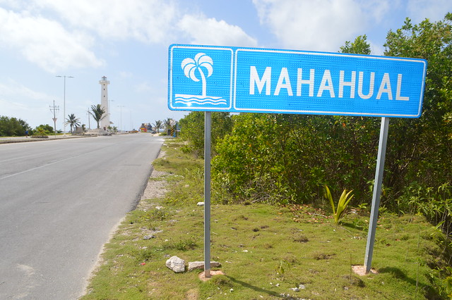 Mahahual Caribbean Sea beach Village highway street sign in Costa Maya, Quintana Roo, Yucatán Peninsula, México