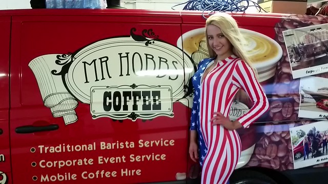 American Stars and Stripes Cheerleaders at Superbowl 2015 with Mr Hobbs Coffee