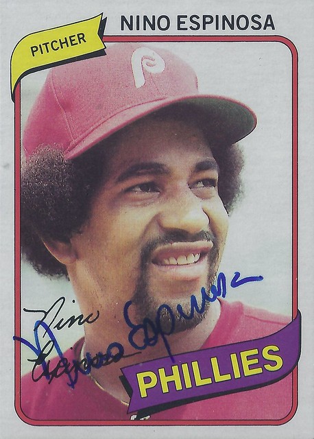 1980 Topps - Nino Espinosa #447 (Pitcher) (b. 15 Aug 1953 - d. 24 Dec 1987 at age 34) - Autographed Baseball Card (Philadelphia Phillies)