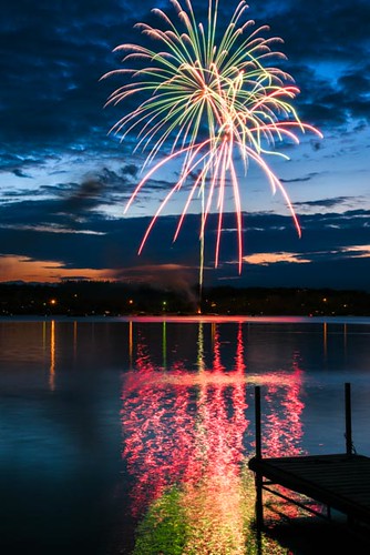 saskatchewan canada bruceajohnson fireworks canadaday 2016 wakawlake lake reflections dock water sunset