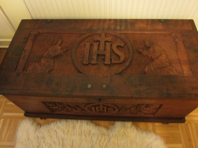 antique carved churchs wood chest with IHS monogram
