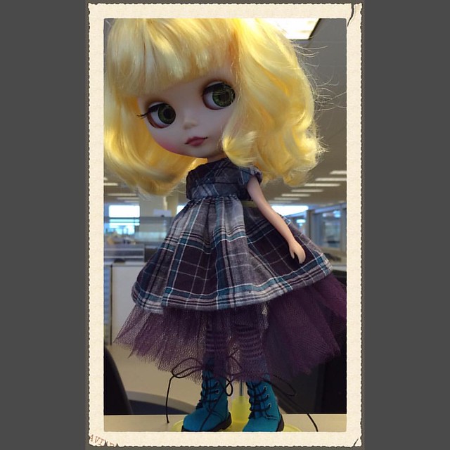 Daffie is modeling the new dress I just finished.  I thrifted the fabric and stitched everything with a needle an thread.  I love doing this at work.  Keeps me busy😁 #blythe  #craftingatwork #lovemyjob❤️  #sewingbyhand