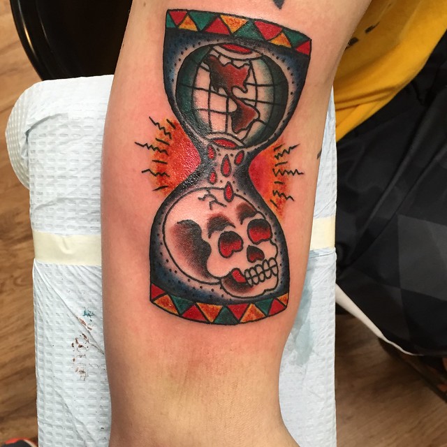 Hourglass Skull and Globe Traditional Tattoo by KeelHauled Mike of Black Anchor Tattoo in Denton Maryland