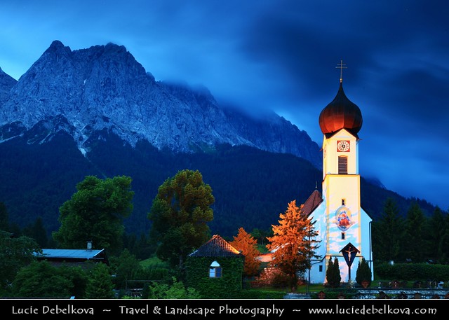 Germany - Bavaria - Grainau Church against the Zugspitze mountain at Dusk - Twilight - Blue Hour
