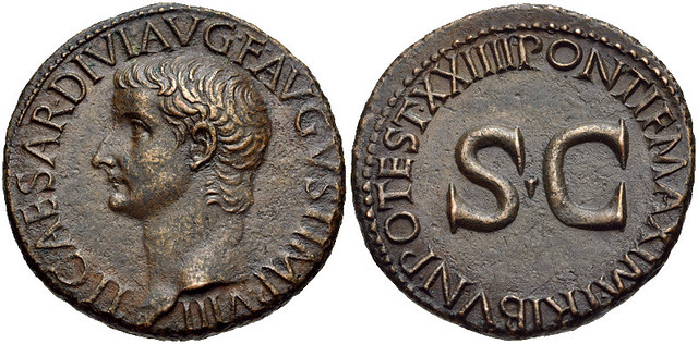 Tiberius. AD 14-37. Æ As (26mm, 11.21 g, 6h). Rome mint. Struck AD 22-23. TI · CAESAR · DIVI · AVG · F · AVGVST IMP VIII, bare head left / PONTIF MAXIM TRIBVN POTEST · XXIIII, large S · C. RIC I 44.