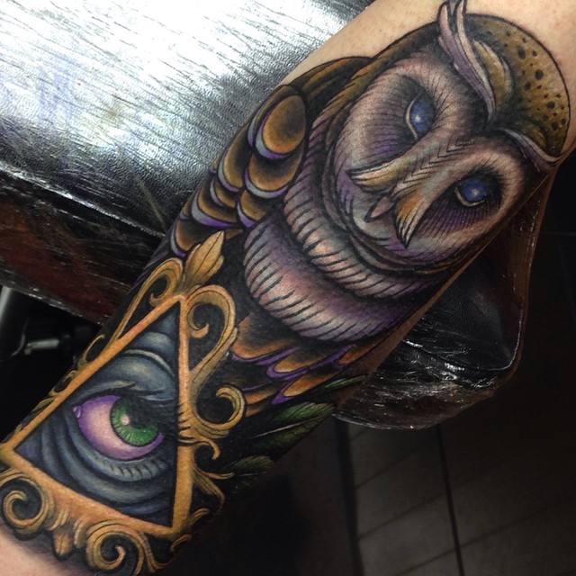 Freehand owl and illuminati eye sleeve tattoo by Craig Hol… | Flickr