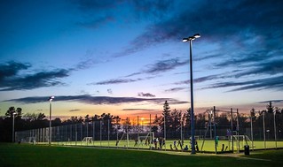 Sunset over Inveralmond Community High School training ground. Livingston, Scotland