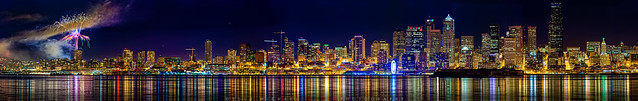Seattle Cityscape Panorama & Space Needle Fireworks 2015