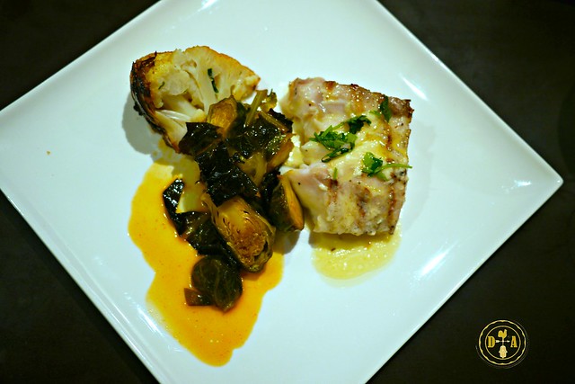 Grilled Grouper, Roasted Cauliflower, Beets, and Kale with Citrus Glaze