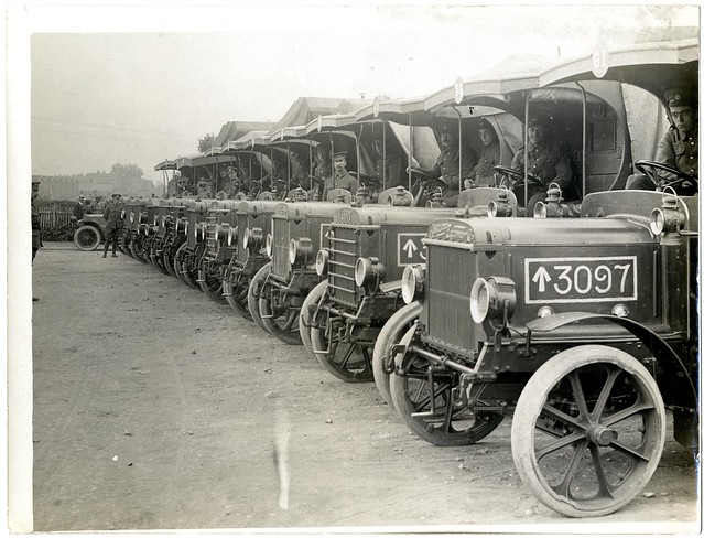 Supply column waiting to load at a railway station in France - 1915