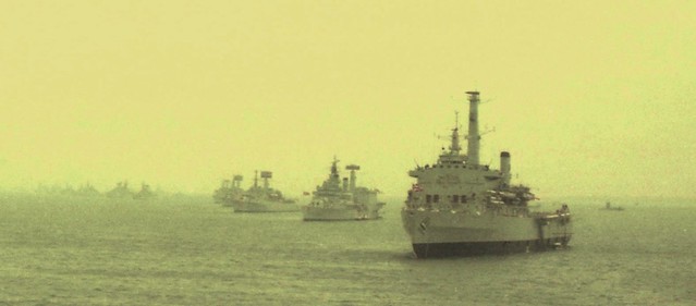 HMS Fearless (L10) HMS Tiger (C20) HMS Glamorgan (D19) HMS Fife (D20) HMS Kent (D12) Silver Jubilee Spithead Fleet Review from HMS Hermes (R12) 1977