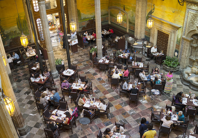 People dining in a Beautiful restaurant in Centro Historico Mexico City.