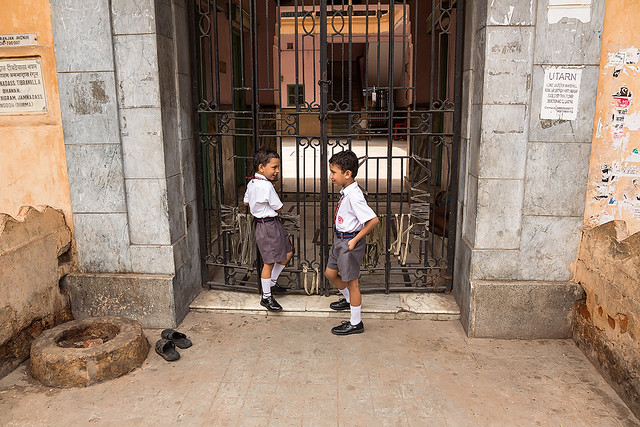 Two boys in school uniform in Kolkata, India.