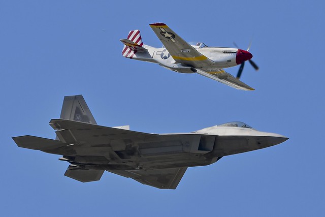 3/4 View, Heritage Flight: Lockheed Martin F/A-22 Raptor, PD096-039 and  North American P-51D Mustang, 44-74391, February, Sun 'n Fun International Fly-In, Florida