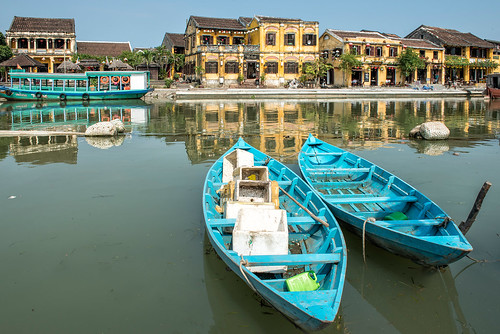 reflection water river boat town asia southeastasia village vietnam hoian riverbank indochina thubonriver