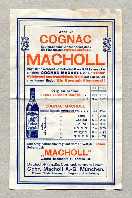 Rechnungszettel mit Werbung für Cognac Macholl, Rückseite