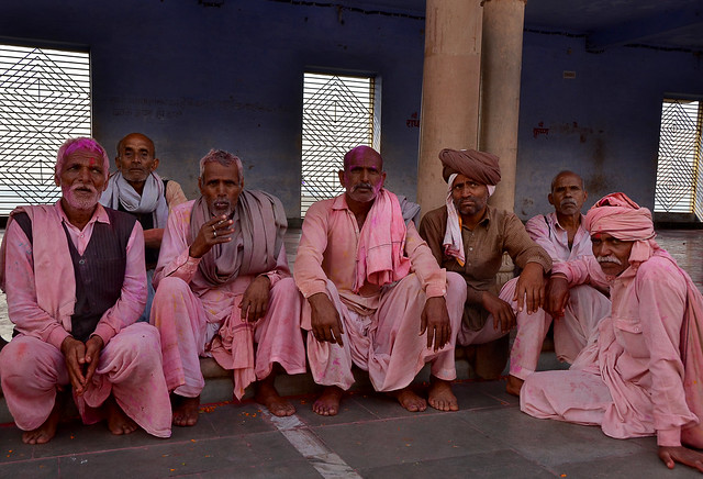 Pink people, holi celebration, Nangdaon, India