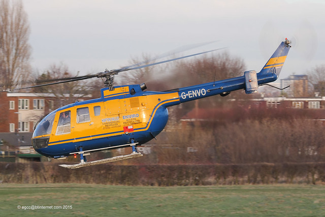 G-ENVO - 1983 build MBB/Bolkow Bo105CBS-4, departing Barton after a brief visit to re-fuel