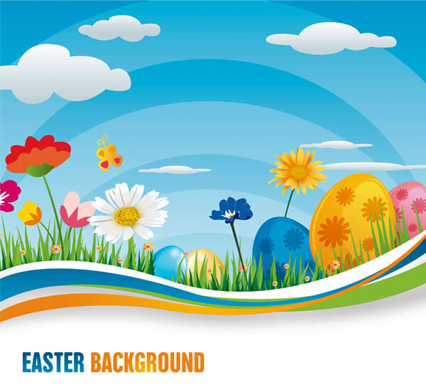 Colorful Wavy Blue Background with Easter Eggs and Flowers