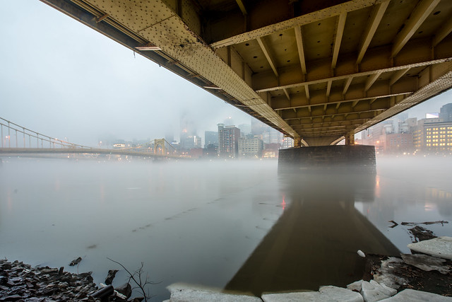 Fog under the Roberto Clemente Bridge