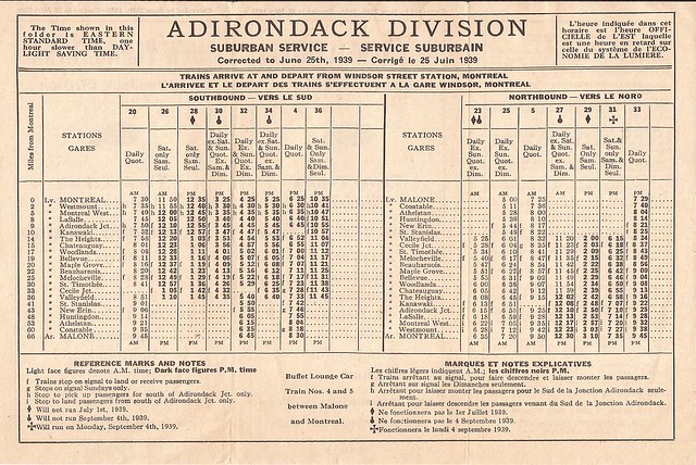 New York Central Adirondack Division Suburban Trains (Montreal) Timetable - June 25, 1939