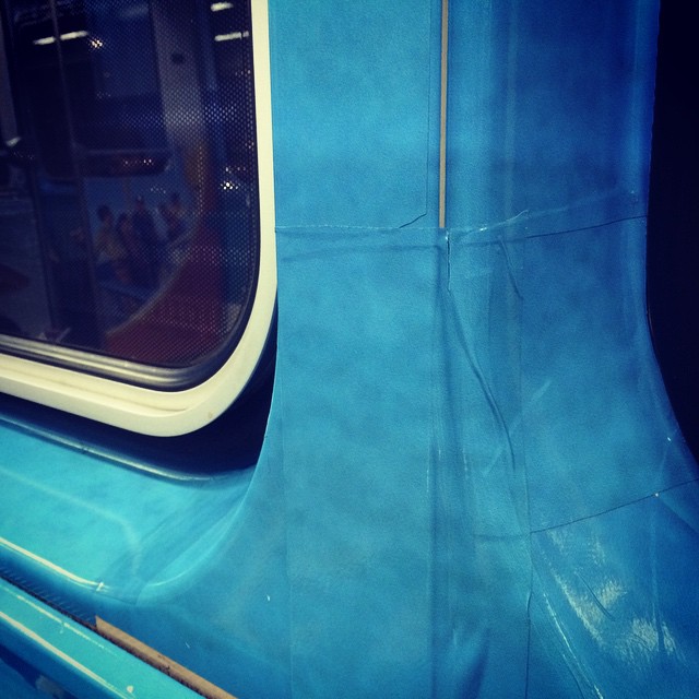 Faux water taped onto train