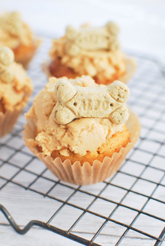 Peanut Butter Pupcakes - your pup deserves a treat! Dog-friendly peanut butter carrot cupcakes with a peanut butter frosting and a bone on top! 